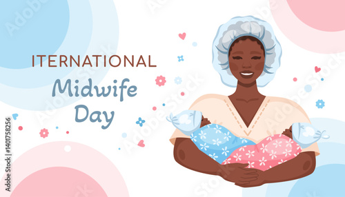 International Midwife day. African woman Midwife holding newborn twins. African American doctor with babies. Female character holding Newborn twin boy and girl wrapped in cute blankets. Vector