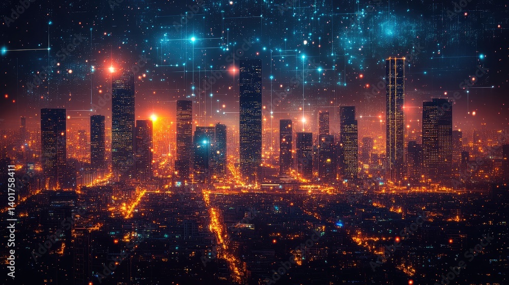 Fototapeta premium Cyber City: Futuristic cityscape with skyscrapers and digital network connections, glowing lights and abstract data streams against a starry night sky, depicting a high-tech urban environment.
