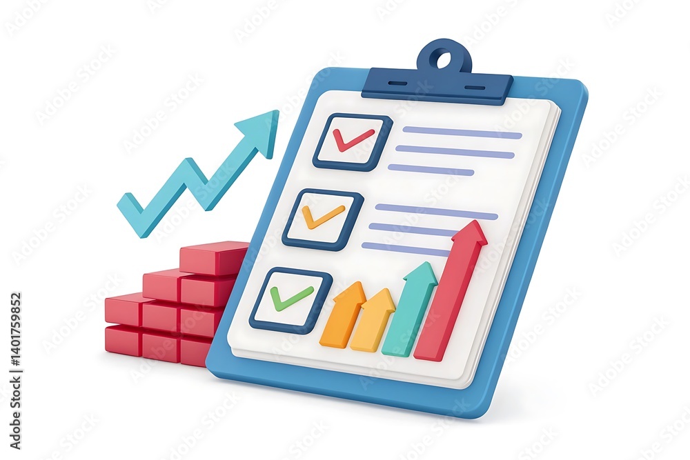 An illustration of a clipboard with a checklist and rising bar graphs, accompanied by a stack of increasing blocks and an upward arrow, representing task management and progress tracking. An illustration of a clipboard with a checklist and rising bar graphs, accompanied by a stack of increasing blocks and an upward arrow, representing task management and progress tracking.