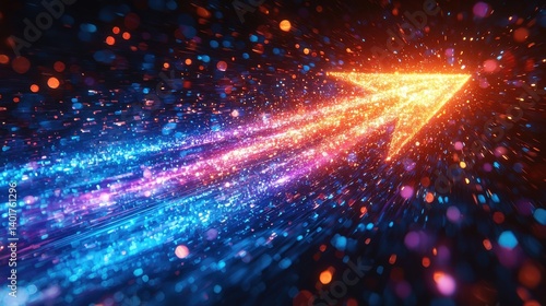 A dynamic and vibrant image depicting a brightly glowing arrow composed of diverse colorful beams of light streaking forward with a sense of energy and motion