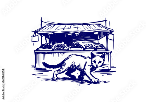 Stray Cat Hand Drawn Illustration Sketch Vector Isolated for Graphic Resource