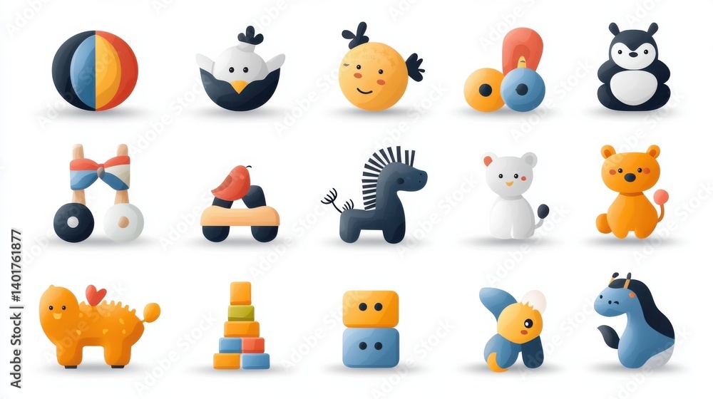 Obraz premium A collection of clean minimalist digital icons depicting a variety of playful educational toys and animal characters in vibrant colors and geometric shapes