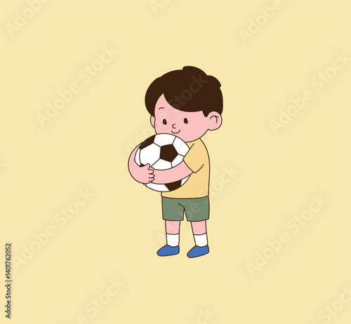 a child holding a soccer ball. Illustration vector with minimal design.