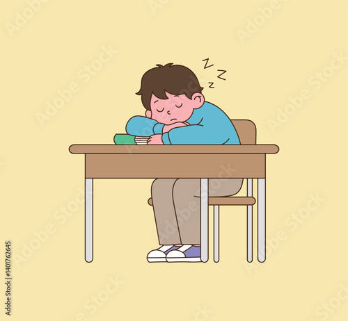 The boy is sleeping with a book open at the desk. Illustration vector with minimal design.