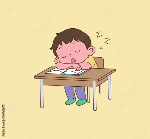 The child is sleeping with a book open at the desk. Illustration vector with minimal design.