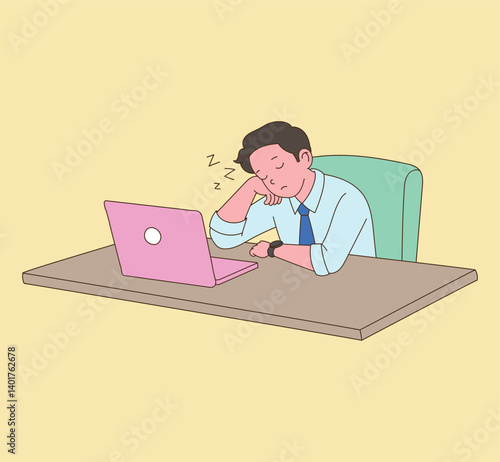 An office worker is sleeping with his laptop open because he is tired at work at his desk. Illustration vector with minimal design.