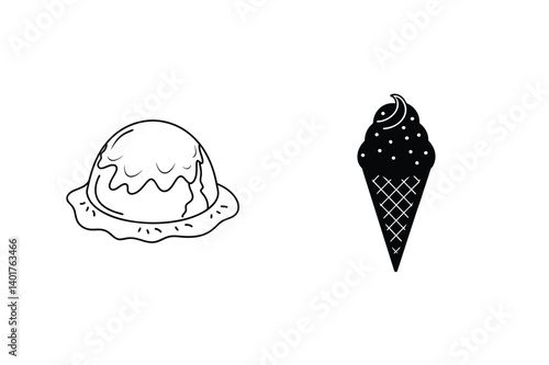 Black And White Line Art Illustration Of Ice Cream Scoop And Cone