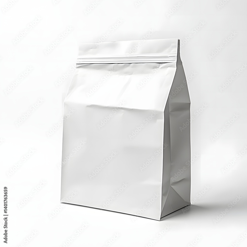 Blank White Stand-Up Pouch with Resealable Zipper on White Background Blank White Stand-Up Pouch with Resealable Zipper on White Background
