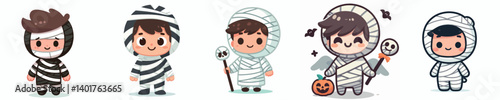 cute vector collection of boys wearing mummy costumes