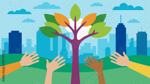 Hopeful Hands Hands of different colors coming together to plant a tree in a city park symbolizing the communitys effort to grow hope and resilience in the face of violence.