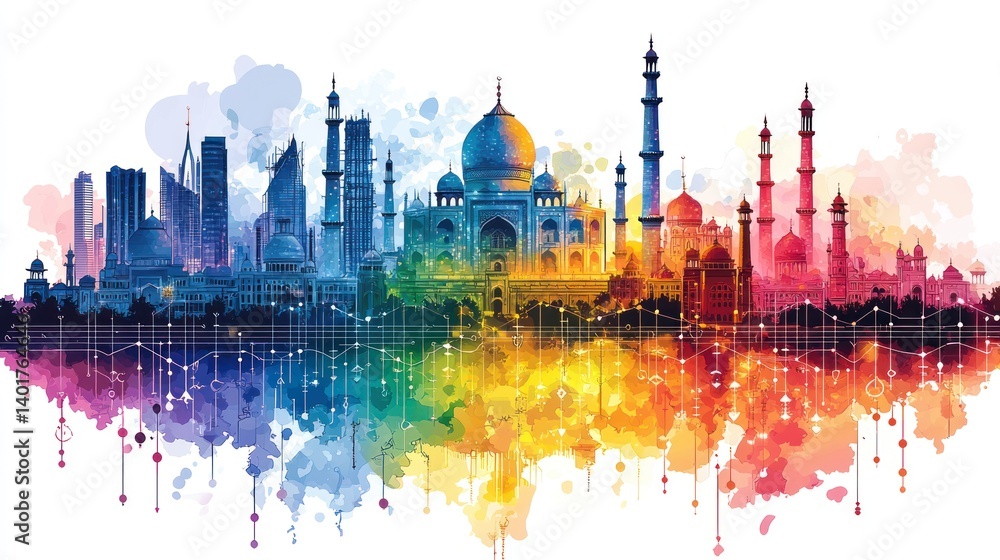 Vibrant Skyline: A Watercolor Fusion of Iconic Indian Architecture Vibrant Skyline: A Watercolor Fusion of Iconic Indian Architecture