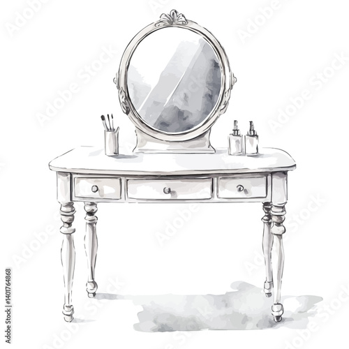 watercolor of Stylish White Dressing Table With A Mirror, vector, isolated on a white background.