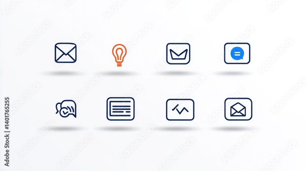 A set of clean minimalist icons depicting various digital communication information and technology related elements like email messaging documents and media