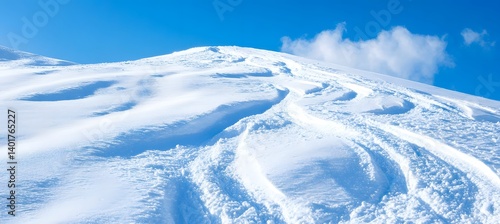 Beautifully prepared ski slope glowing in winter sun, showing textured snow surface and peaceful mountain atmosphere in a perfect winter sports setting
