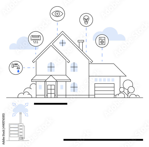 Modern home with automation devices connected for security, lighting, HVAC, plumbing, and energy management. Ideal for IoT, technology, energy efficiency, convenience innovation smart living flat