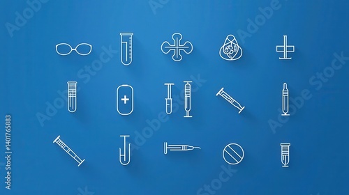 A collection of outline icons representing various medical and laboratory equipment tools and elements commonly associated with healthcare and scientific research