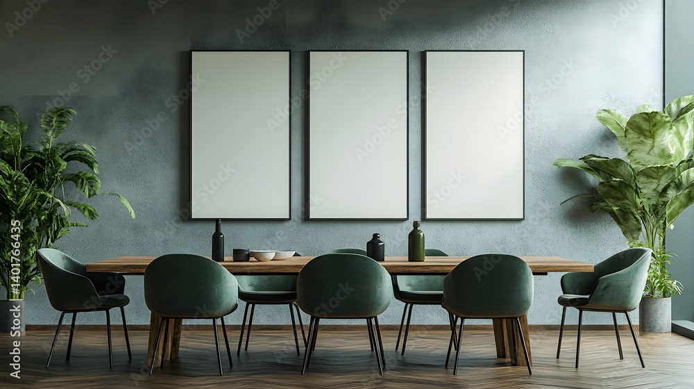 Fototapeta premium Modern 3D rendered dining room in minimalist style featuring two empty poster frames on a soft wall background, ideal for artwork display and branding mockups 
