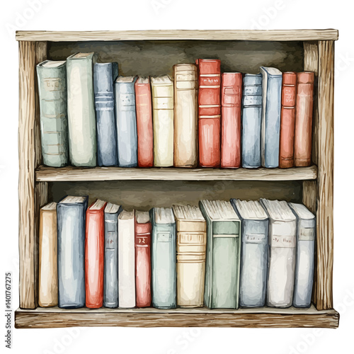 watercolor of Stylish Bookshelf Filled With Hardcover Books, vector, isolated on a white background.