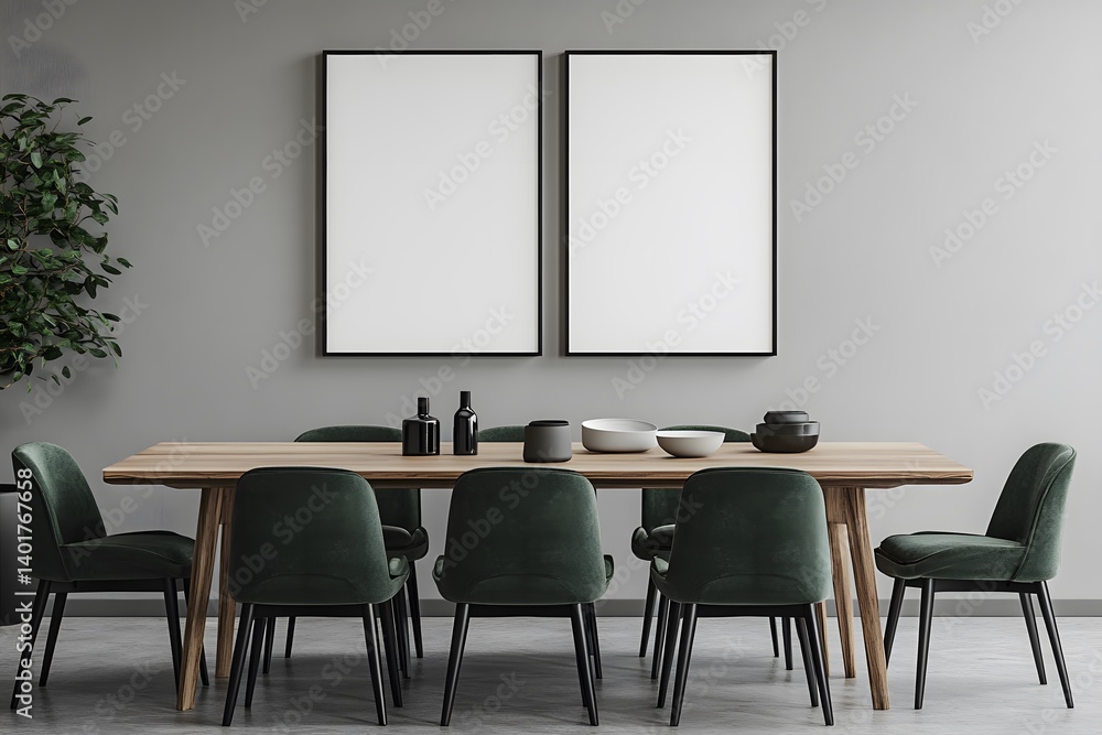 Fototapeta premium Blank posters on wall in clean minimalist dining space, perfect 3D rendering for product presentation, wall art previews, or interior scene mockups