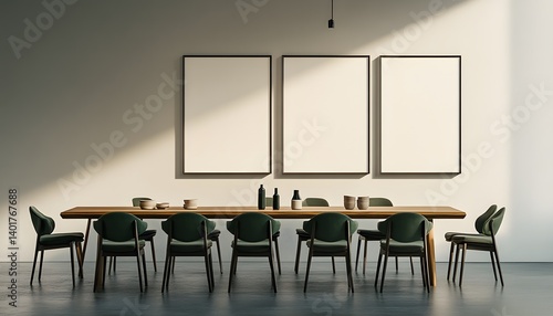 Blank posters on wall in clean minimalist dining space  perfect 3D rendering for product presentation  wall art previews  or interior scene mockups 