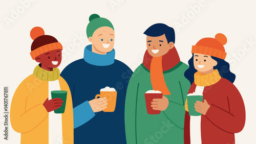 Hot Drinks A couple sharing a thermos of hot chocolate while standing in line with a few friends all wearing cozy festive outfits and smiling.