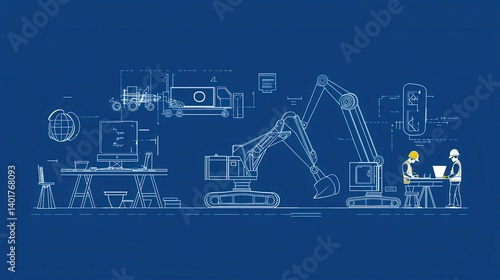 Detailed blueprint and icons representing various engineering equipment tools and processes involved in a construction or infrastructure project