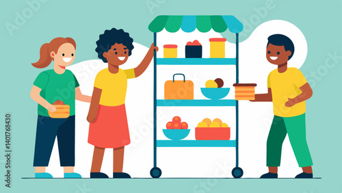 Picking Snacks Friends enthusiastically select their favorite snacks from a display rack exchanging playful banter as they fill their carts with treats.