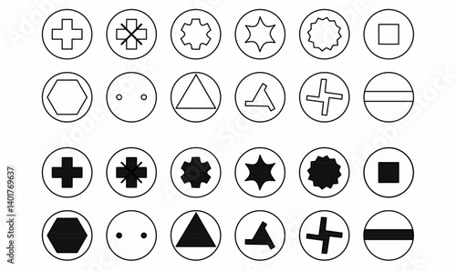 Set of screw head and screwdriver bit icons in outline and solid style. Includes Torx, flat, cross, hex, triangle. Great for tools, UI, infographics, and apps.