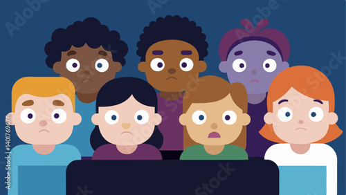 Kids Watching TV A group of diverse children watching TV with their eyes wide and disappointed as they see only one character of their ethnicity a a cast of white characters.