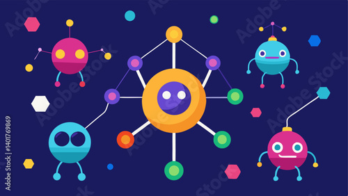 NanoRobots Construction A scene depicting tiny robotic arms assembling molecular structures with colorful atoms and molecules floating around.