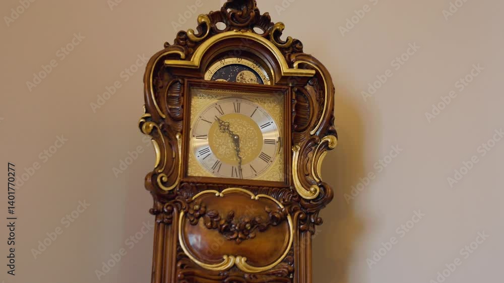 Refined wooden grandfather clock displaying gold details and moon phase, pendulum swinging softly against neutral wall inside high end residential interior