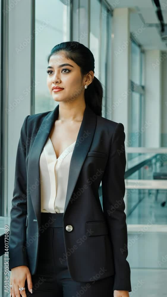Elegant young woman in professional black suit looking out a bright, modern office window with anticipation and confidence. Elegant young woman in professional black suit looking out a bright, modern office window with anticipation and confidence.