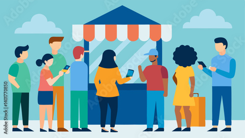 Shoppers gathered around a store kiosk some looking at their phones while others examine promotions all surrounded by colorful banners.