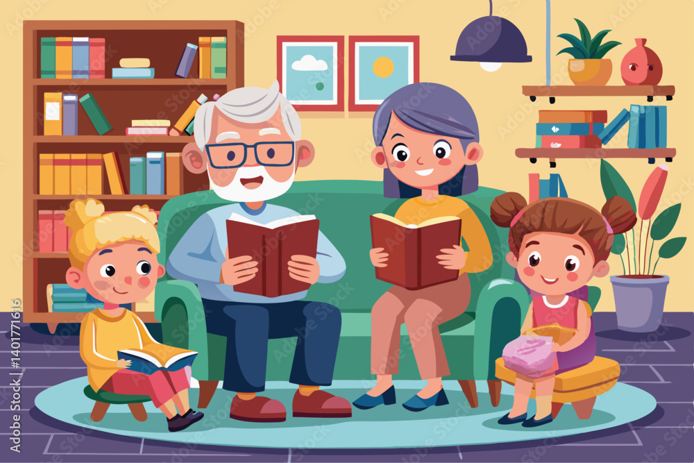 Vector concept of kids reading storybooks with grandparents in a cozy living room Vector concept of kids reading storybooks with grandparents in a cozy living room