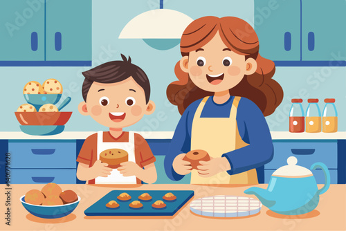 Vector graphic of siblings baking cookies together in the kitchen