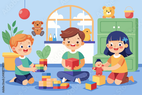 Flat vector image of children playing with building blocks and puzzles in a playroom