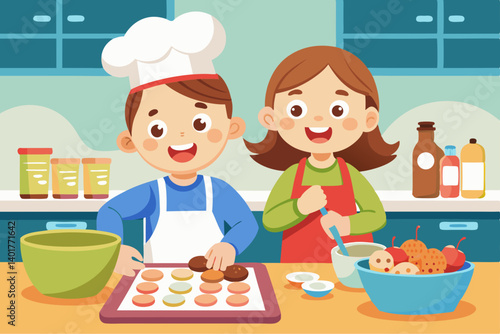 Vector graphic of siblings baking cookies together in the kitchen