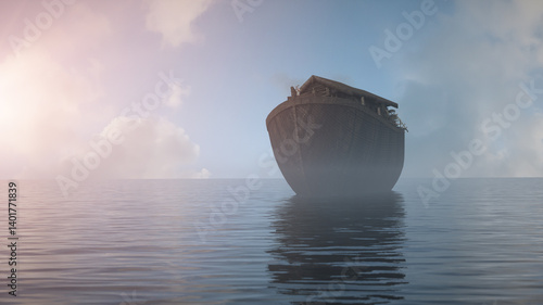 Bible story Noah's Ark floats on water in the middle of a flood 3d render