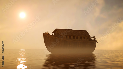 Bible story Noah's Ark floats on water in the middle of a flood 3d render