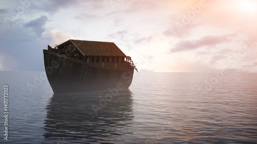 Bible story Noah's Ark floats on water in the middle of a flood 3d render