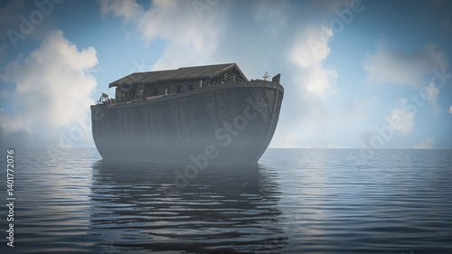 Bible story Noah's Ark floats on water in the middle of a flood 3d render