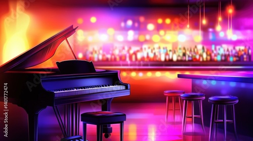 Vibrant nightclub scene featuring a grand piano, colorful bar, and lively atmosphere