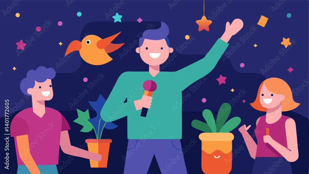 Karaoke Fun A lively karaoke night unfolds in a cozy living room where a singer excitedly holds a huge carrot instead of a regular microphone. The room is filled with colorful Karaoke Fun A lively karaoke night unfolds in a cozy living room where a singer excitedly holds a huge carrot instead of a regular microphone. The room is filled with colorful