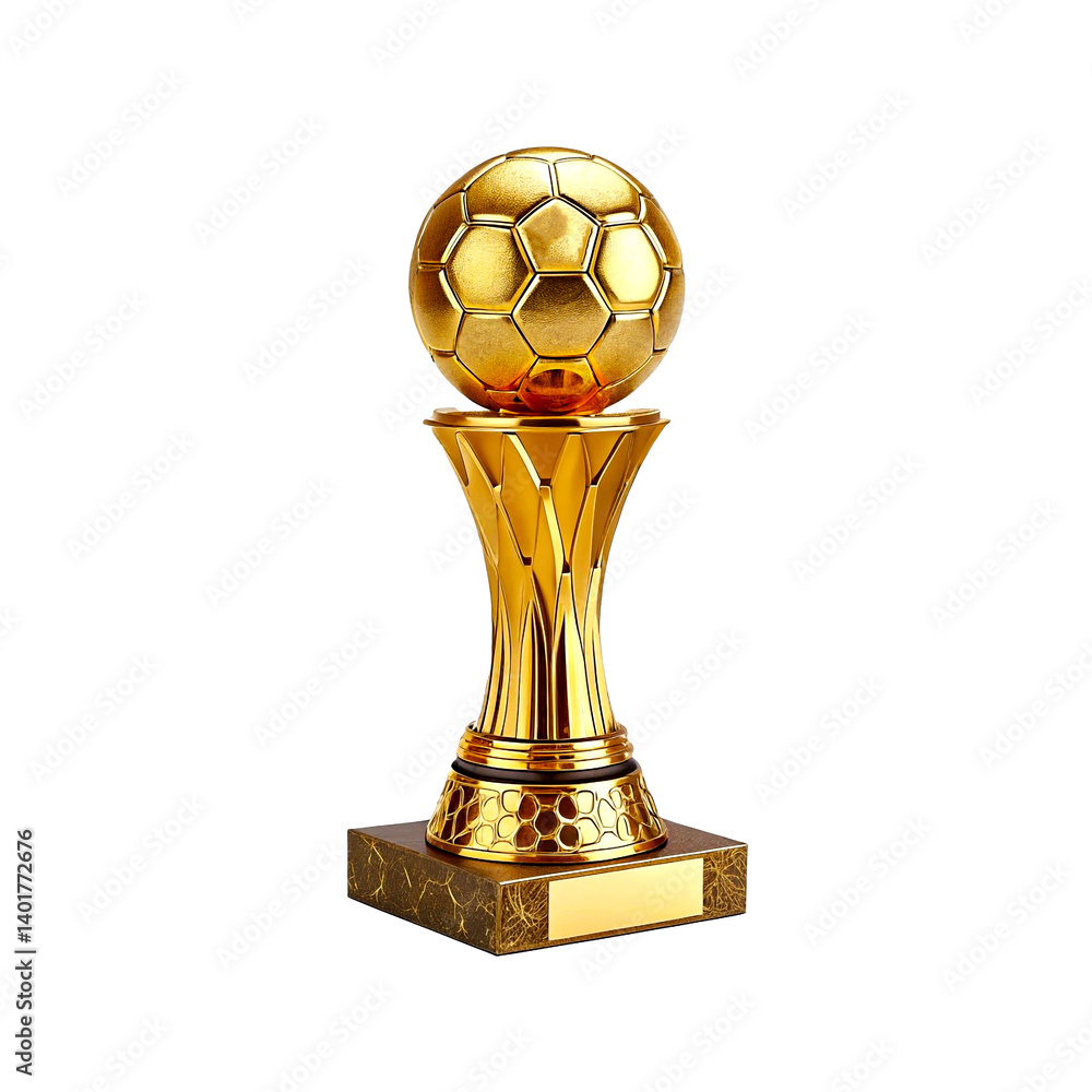 A close-up shot of a gleaming golden trophy shaped like a soccer ball Golden world cup trophy with intricate details and pedestal isolated on transparent background