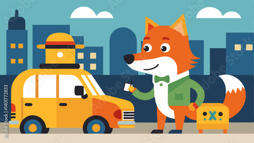Taxi Fare Exchange The illustration shows the dog in its taxi uniform happily receiving payment from a satisfied passenger who is a cheerful fox. The taxi door is open revealing a