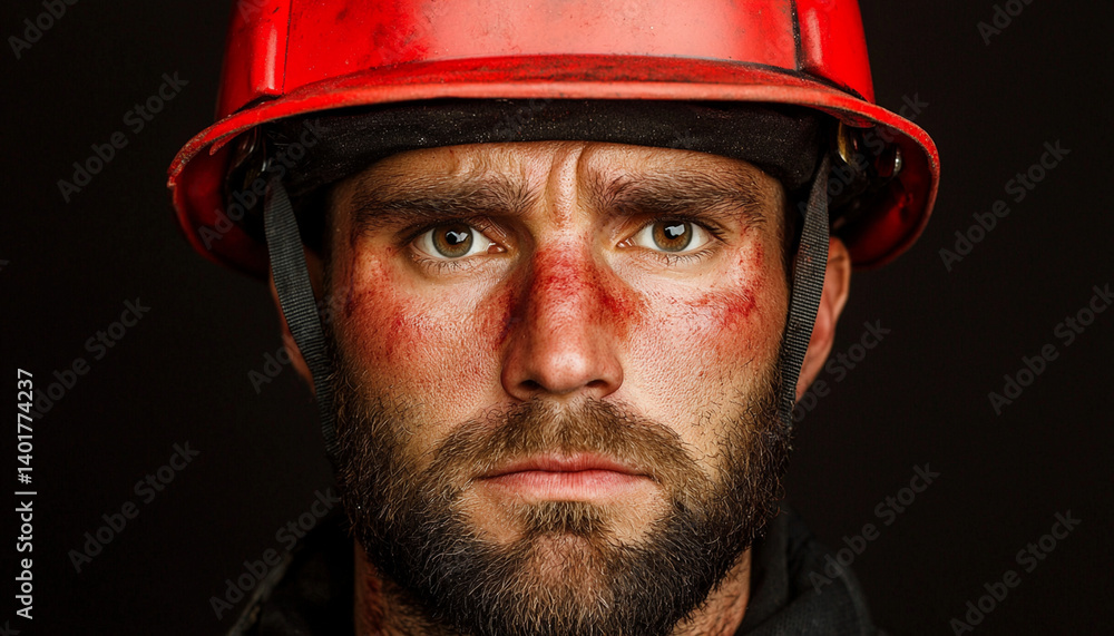 Firefighter with soot covered gear and determined expression, showcasing bravery and resilience in challenging environment Firefighter with soot covered gear and determined expression, showcasing bravery and resilience in challenging environment