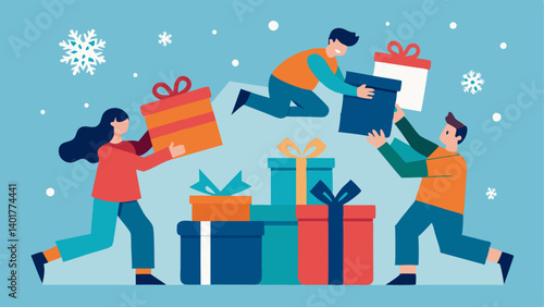 Hoarding Holiday Gifts Shoppers depicted squatting and reaching for a stack of gift boxes in a bin labeled Doorbusters surrounded by snowflakes and holiday motifs.