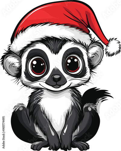 A cute lemur wearing christmas cap vector