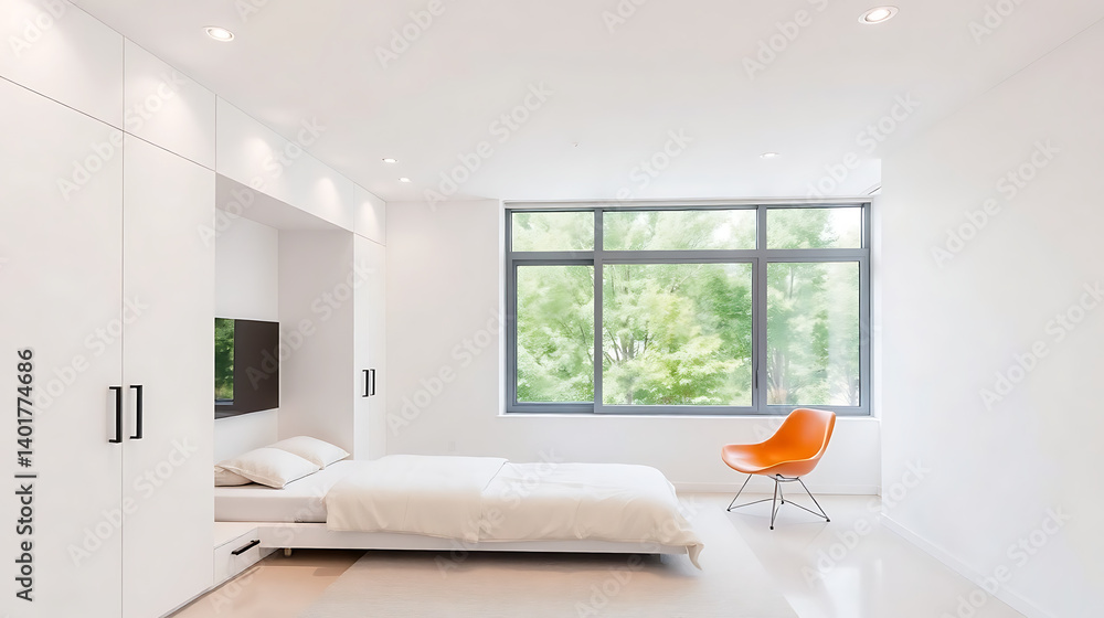 Modern Bedroom Design, Embedded Bed and Orange Chair Create a Vibrant Space Modern Bedroom Design, Embedded Bed and Orange Chair Create a Vibrant Space