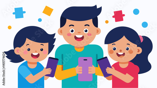 Playful Kids Two children playfully grabbing their parents attention as they browse deals on a phone at home. Colorful SALE markers surround the scene depicting the excitement in